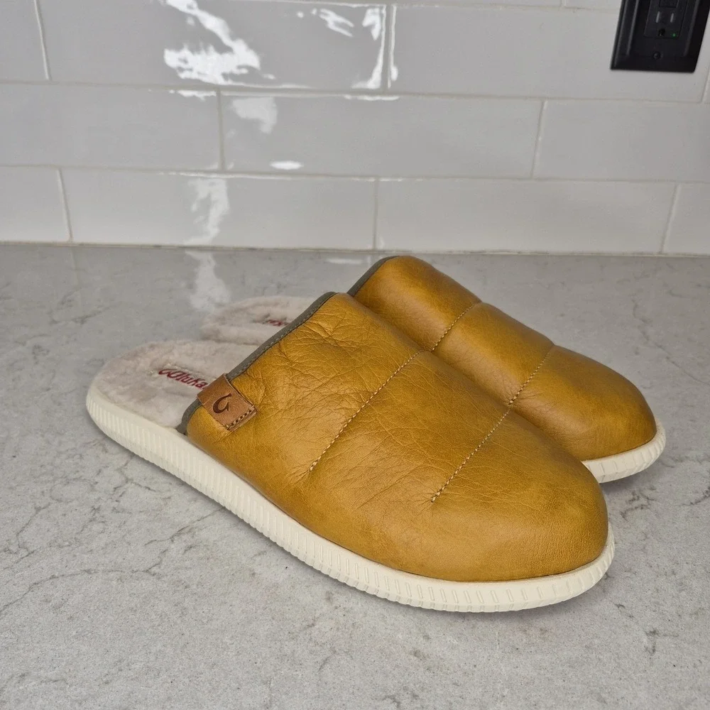 OluKai Mua 'Ili Slippers Men's 10 Leather Shearling Lined Mule Slip On Shoes‎